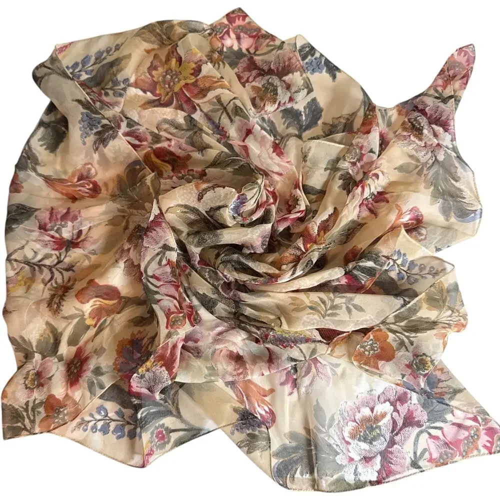 Floral Silk Blend Chiffon Square Scarf Beige Pink Blue 36” EUC